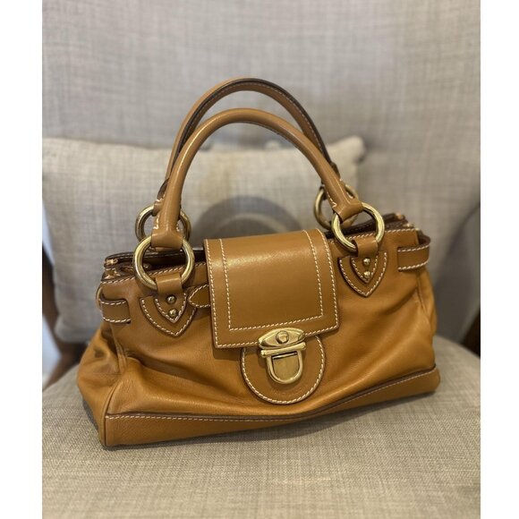 Y2K Marc Jacobs Doctors Satchel Camel Tan Leather Top Handle Gold Made Italy 90s - Picture 1 of 16